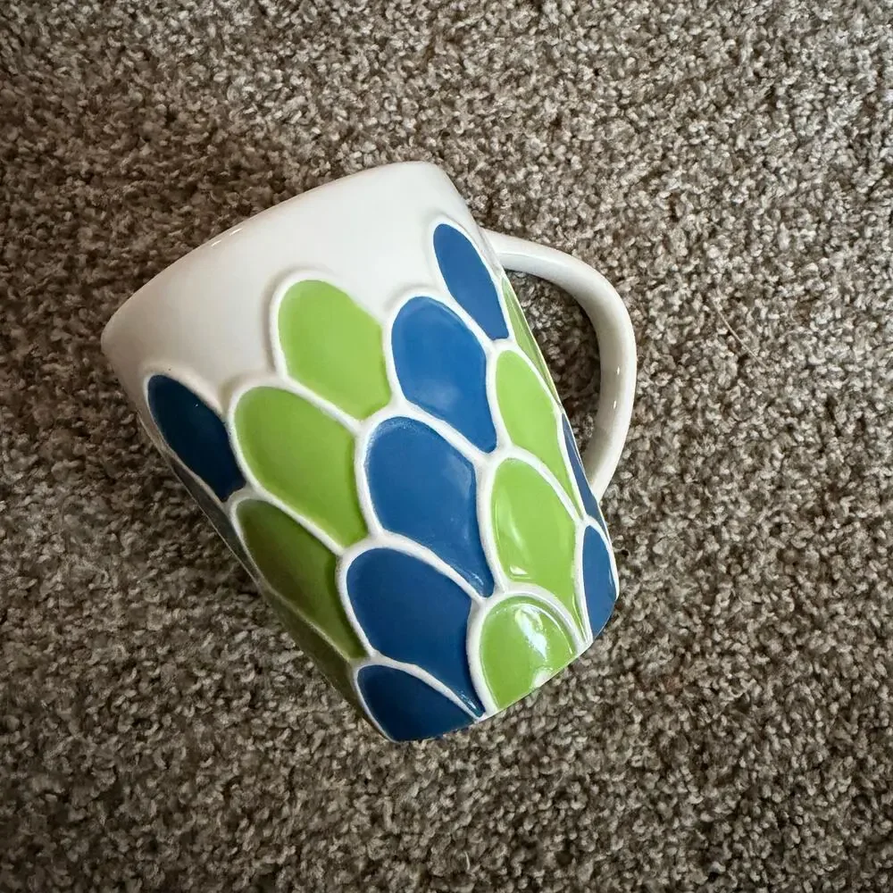 STARBUCKS Coffee Mug 2009 Mermaid Scales Cup Blue Green 14oz Hand Painted 3D